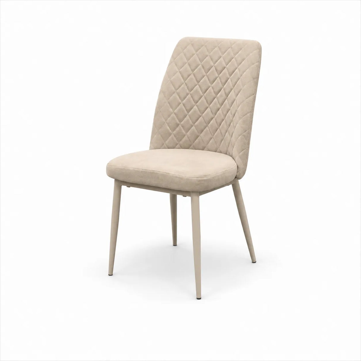 Sedia TUFI imbottita in microfibra HTSDR con schienale trapuntato e gambe in metallo, disponibile nei colori Tortora, Cammello e Grigio, venduta in set da 2.