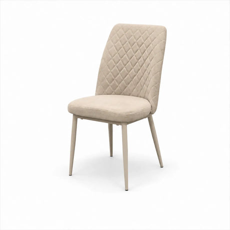 Sedia TUFI imbottita in microfibra HTSDR con schienale trapuntato e gambe in metallo, disponibile nei colori Tortora, Cammello e Grigio, venduta in set da 2.