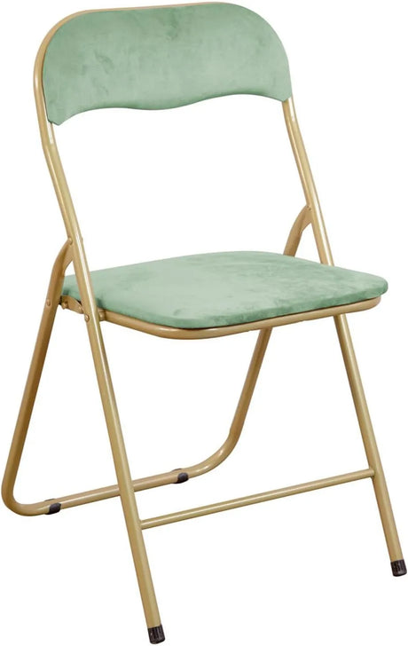 Sedia pieghevole Cinzia in velluto verde acqua con gambe in metallo oro, elegante e salvaspazio