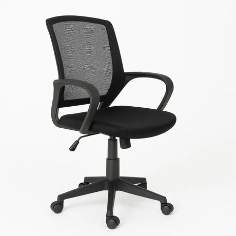 Sedia da ufficio Mesh ergonomica in tessuto a rete nera con braccioli e base a 5 razze.
