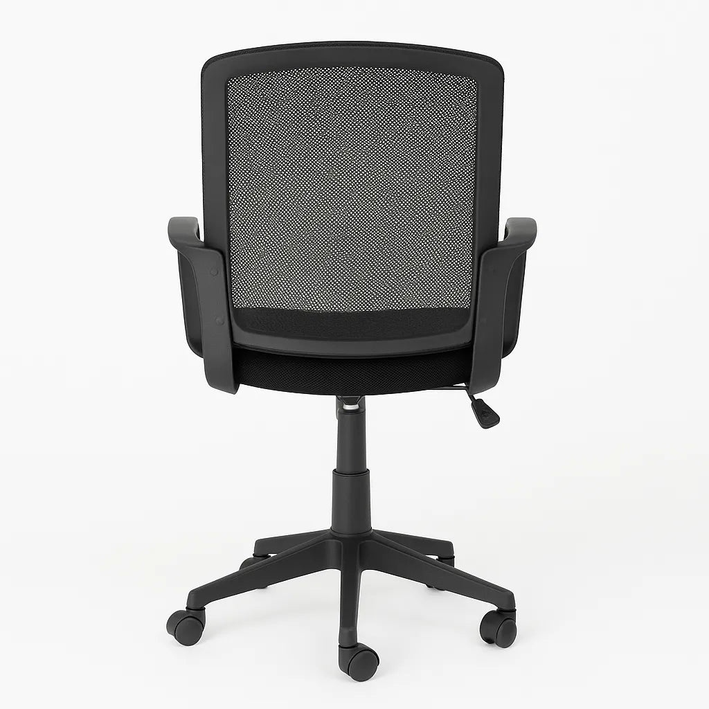 Sedia da ufficio Mesh ergonomica in tessuto a rete nera con braccioli e base a 5 razze.