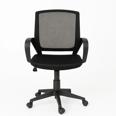 Sedia da ufficio Mesh ergonomica in tessuto a rete nera con braccioli e base a 5 razze.