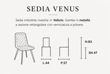 Sedia Venus imbottita in velluto con seduta e schienale trapuntati e gambe in metallo nero