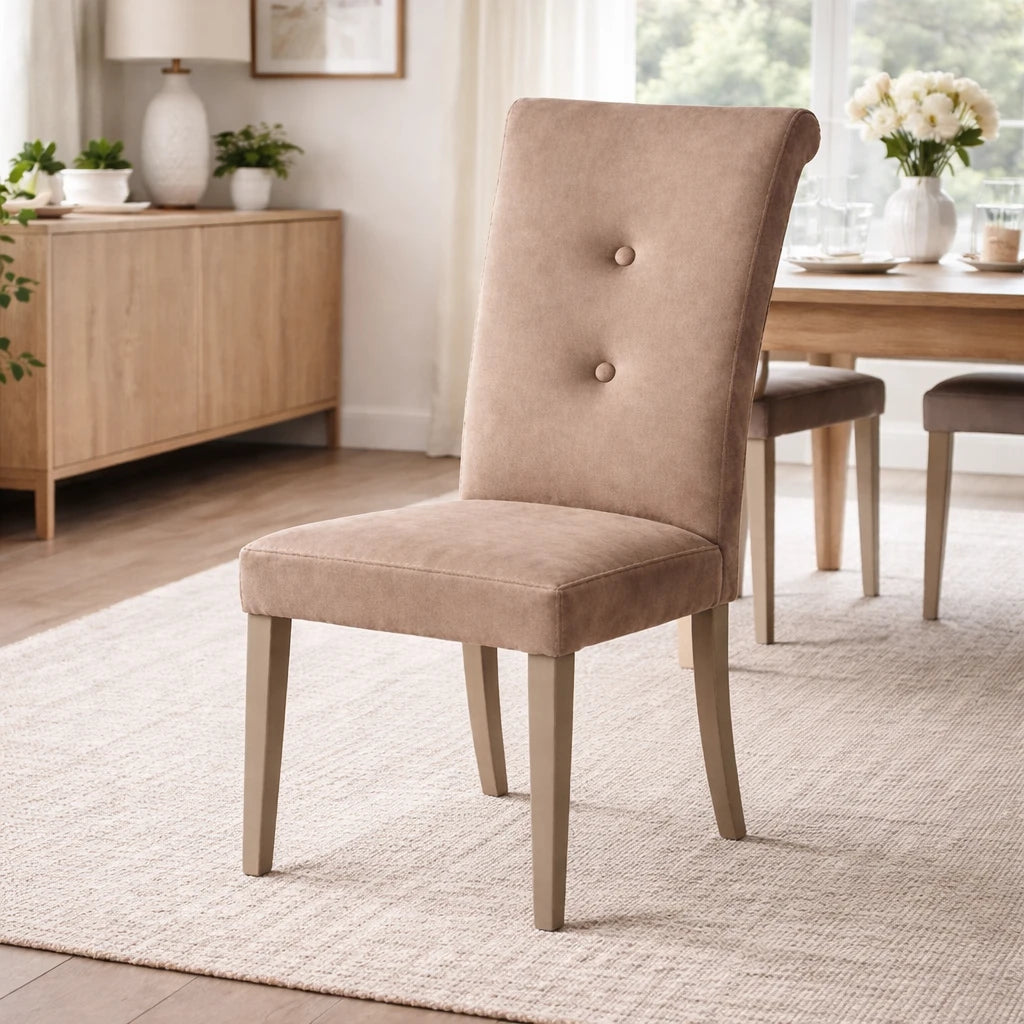 Set 2 sedie Doriane imbottite in tessuto grigio e tortora con gambe coordinate design moderno elegante per sala da pranzo
