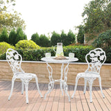 Set da giardino vintage 3 pezzi in alluminio bianco, composto da tavolo con foro per ombrellone e due sedie decorate in stile floreale

