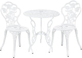 Set da giardino vintage 3 pezzi in alluminio bianco, composto da tavolo con foro per ombrellone e due sedie decorate in stile floreale

