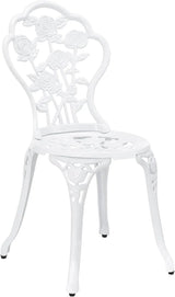 Set da giardino vintage 3 pezzi in alluminio bianco, composto da tavolo con foro per ombrellone e due sedie decorate in stile floreale

