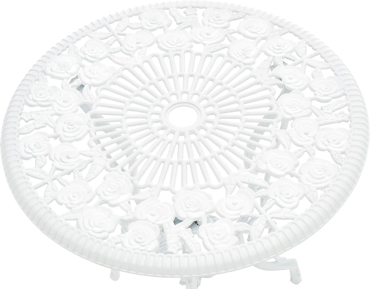 Set da giardino vintage 3 pezzi in alluminio bianco, composto da tavolo con foro per ombrellone e due sedie decorate in stile floreale

