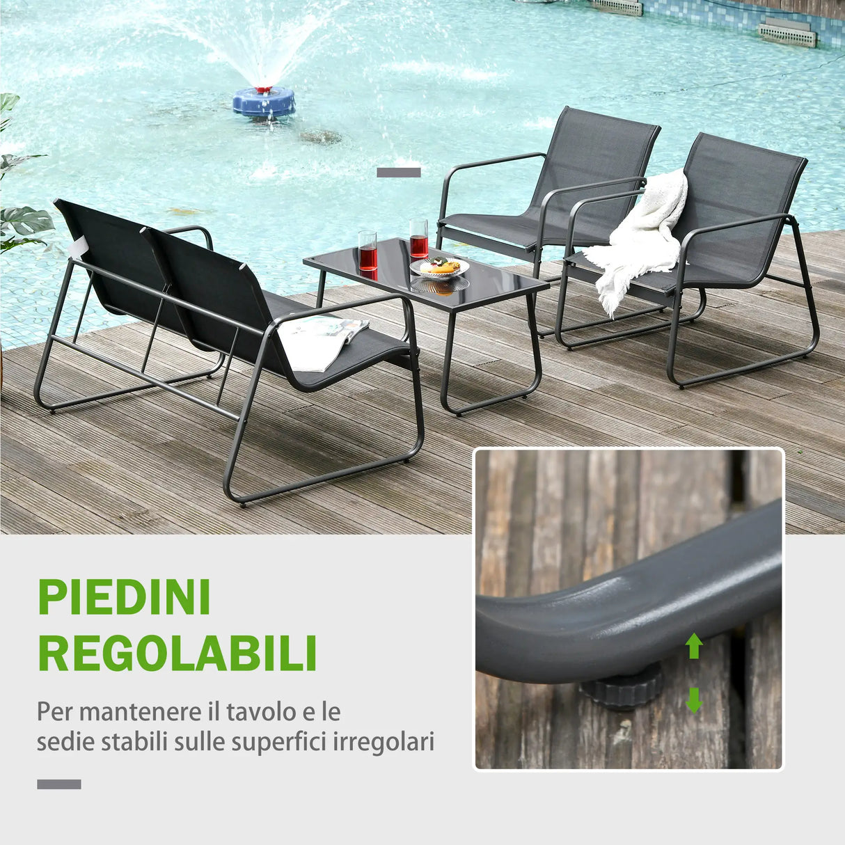 Set da giardino Palau con panchina 2 posti, due sedie e tavolino in metallo e textilene traspirante