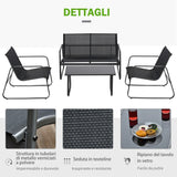 Set da giardino Palau con panchina 2 posti, due sedie e tavolino in metallo e textilene traspirante