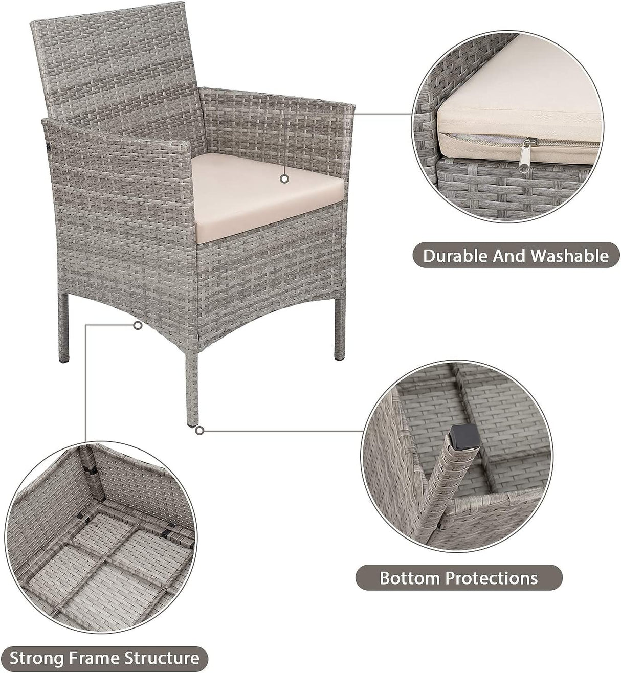 Set da giardino in rattan grigio con due poltrone e tavolino in vetro temperato con cuscini beige