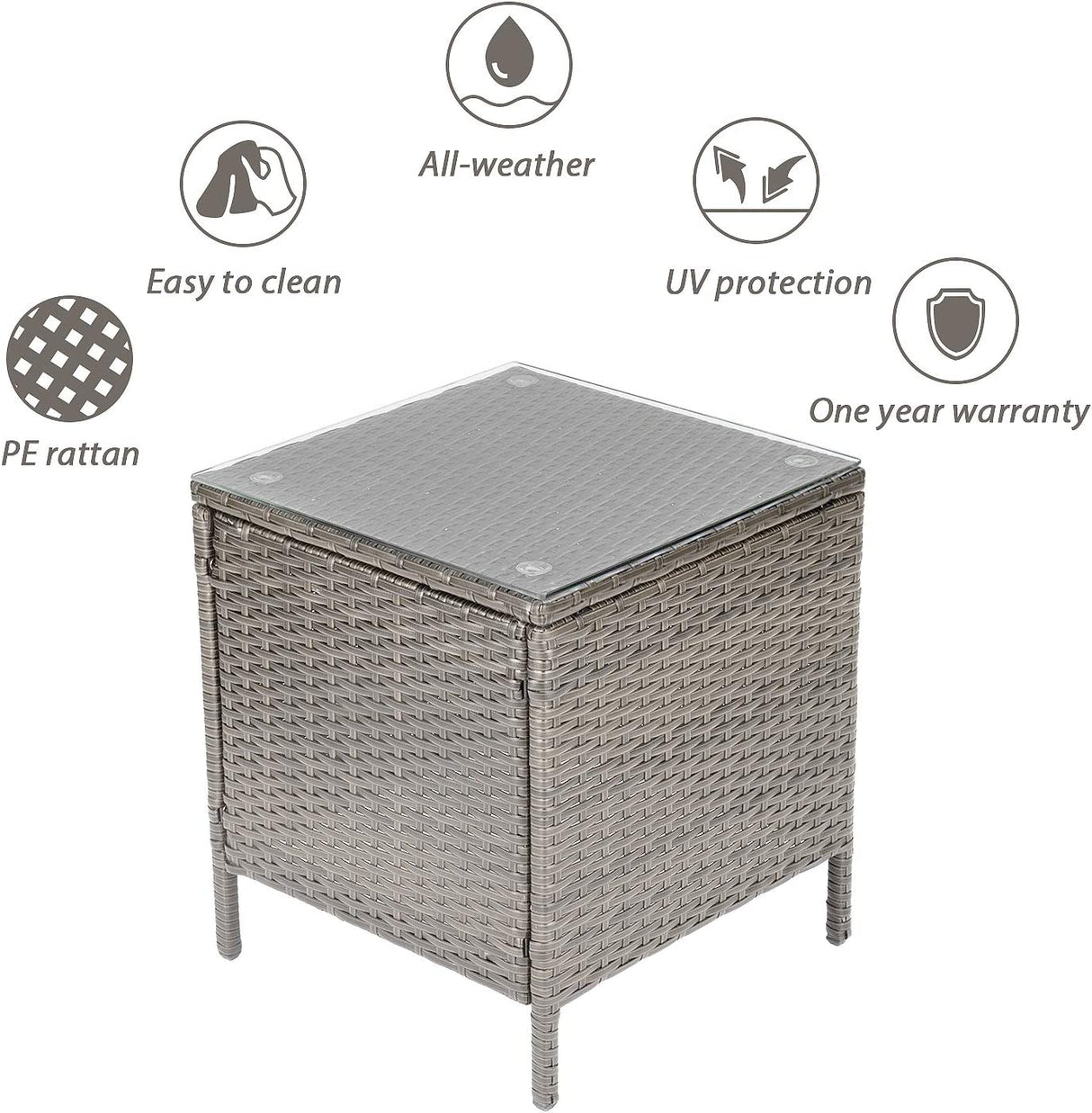 Set da giardino in rattan grigio con due poltrone e tavolino in vetro temperato con cuscini beige