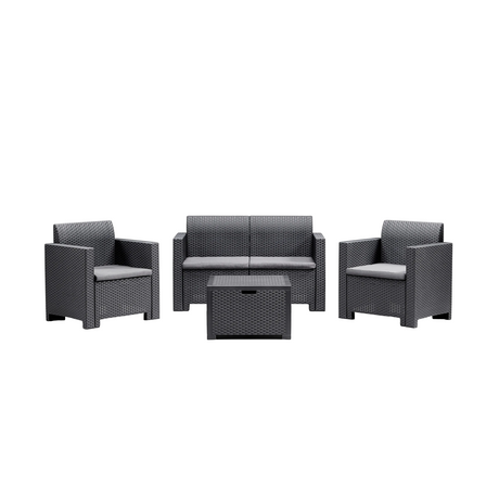 Set salottino da esterno Nebraska con divano 2 posti, 2 poltrone, tavolino e cuscini sfoderabili in rattan