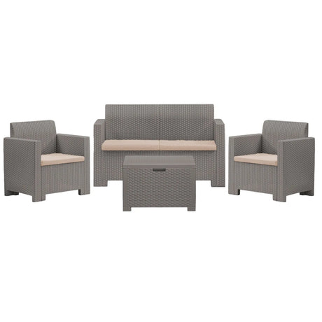 Set salottino da esterno Nebraska con divano 2 posti, 2 poltrone, tavolino e cuscini sfoderabili in rattan