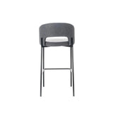 Sgabello Greta in tessuto grigio con schienale imbottito e gambe in metallo nero, ideale per penisola e cucina moderna