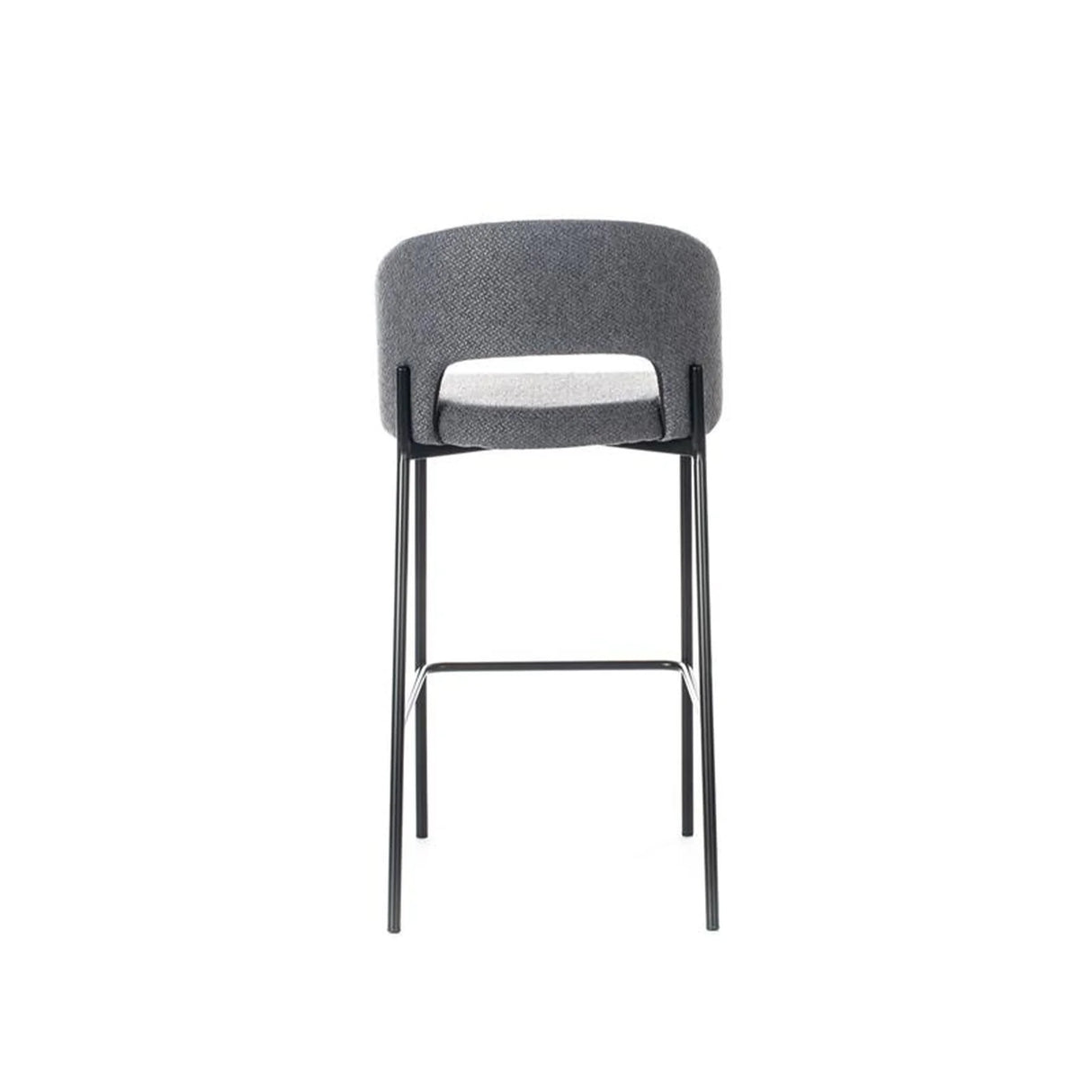 Sgabello Greta in tessuto grigio con schienale imbottito e gambe in metallo nero, ideale per penisola e cucina moderna