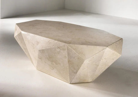 Tavolino Diamond in pietra fossile agata white con struttura in resina e compensato marino, design artigianale esclusivo


