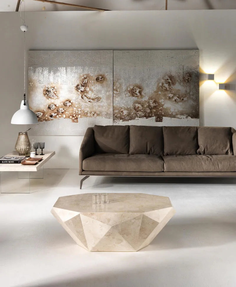 Tavolino Diamond in pietra fossile agata white con struttura in resina e compensato marino, design artigianale esclusivo

