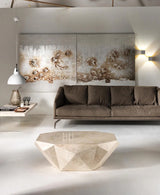 Tavolino Diamond in pietra fossile agata white con struttura in resina e compensato marino, design artigianale esclusivo

