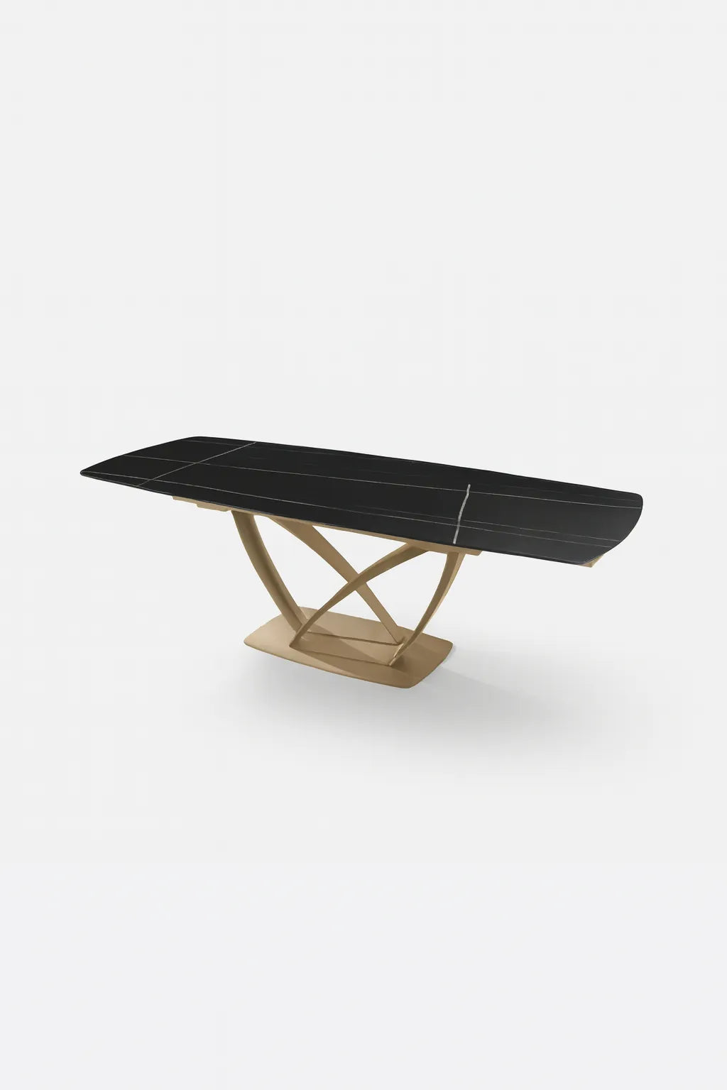 Tavolo Angel allungabile con piano in ceramica marmo nero e struttura in metallo oro, estensibile da 160 a 240 cm