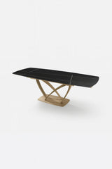 Tavolo Angel allungabile con piano in ceramica marmo nero e struttura in metallo oro, estensibile da 160 a 240 cm