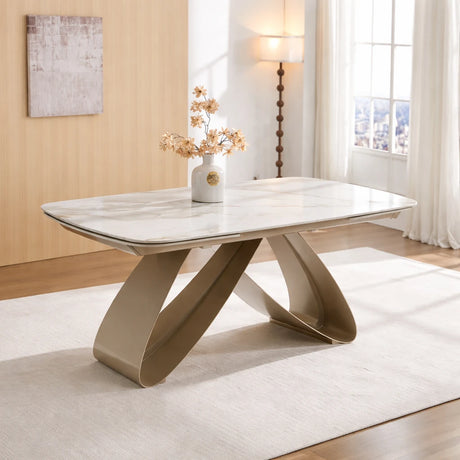 Tavolo da pranzo allungabile con piano in ceramica effetto marmo e base in metallo colore bronzo o oro
