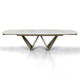 Tavolo allungabile Gemini con piano in ceramica finitura Marmo Oro opaco e basamento Platino opaco