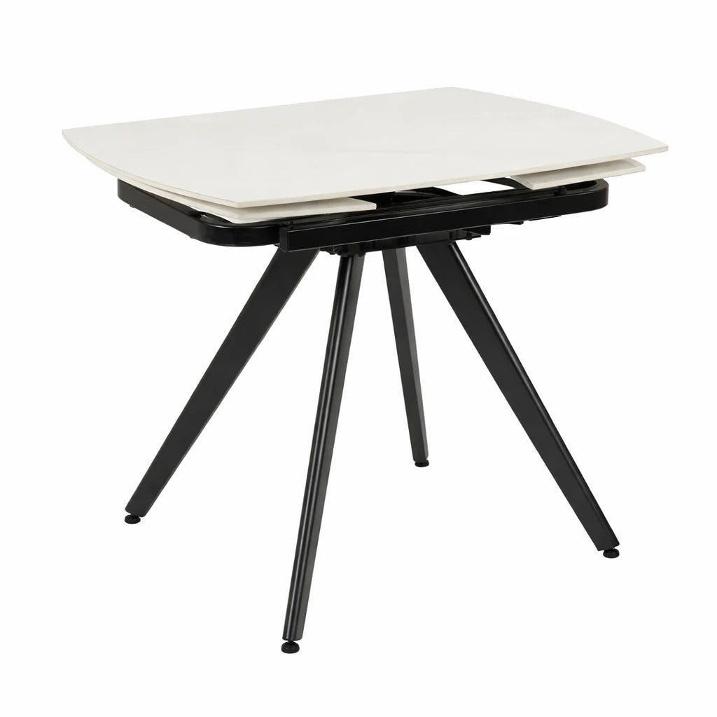 Tavolo allungabile rotante in ceramica effetto marmo bianco con gambe bianche, design moderno per cucina e soggiorno 6/8 posti.