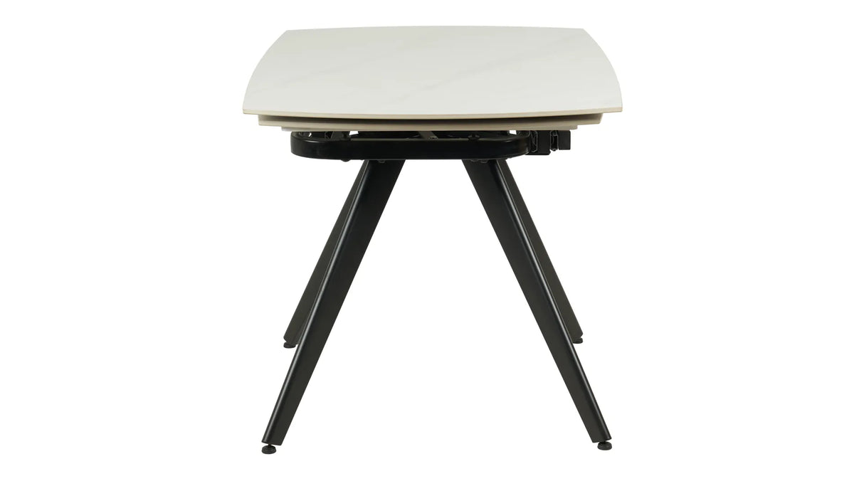 Tavolo allungabile rotante in ceramica effetto marmo bianco con gambe bianche, design moderno per cucina e soggiorno 6/8 posti.