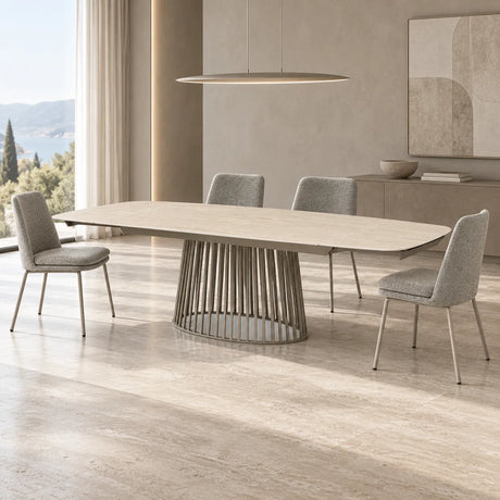 Tavolo allungabile Tom con piano in ceramica Travertino opaco e basamento in metallo Platino