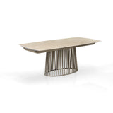 Tavolo allungabile Tom con piano in ceramica Travertino opaco e basamento in metallo Platino