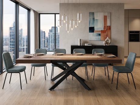 Tavolo allungabile Urano 160/240 cm con piano impiallacciato e struttura in metallo disponibile nelle finiture Noce/Nero, Rovere/Nero e Rovere/Bianco.