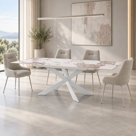 Tavolo allungabile Xeno con piano in ceramica effetto marmo Onice lucido e basamento Bianco opaco