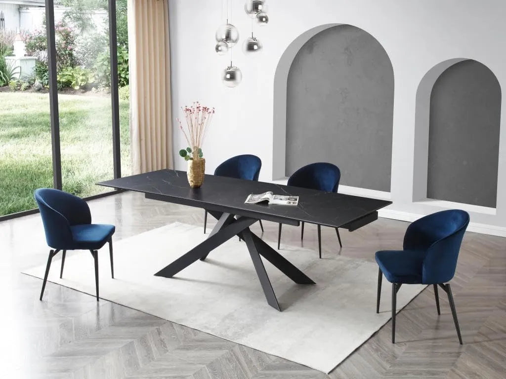 Tavolo allungabile Ares in ceramica marmo nero con gambe in metallo nero, misura 140-200x80 cm