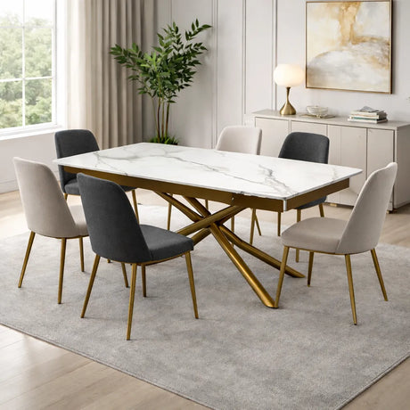 Tavolo allungabile a botte con piano in ceramica calacatta oro lucido o carrara opaco e base in metallo oro o nero.