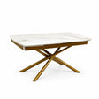 Tavolo allungabile a botte con piano in ceramica calacatta oro lucido o carrara opaco e base in metallo oro o nero.