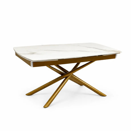 Tavolo allungabile a botte con piano in ceramica calacatta oro lucido o carrara opaco e base in metallo oro o nero.