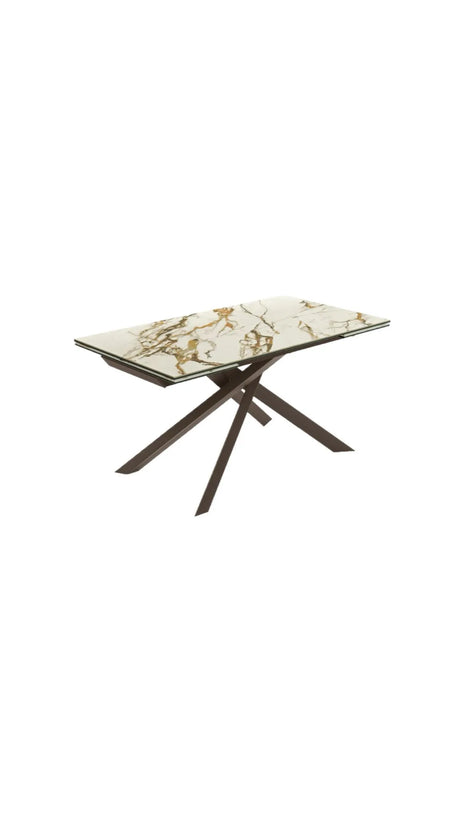 Tavolo Cross allungabile con struttura incrociata in metallo e piano in ceramica opaca su vetro, elegante e moderno per sala da pranzo

