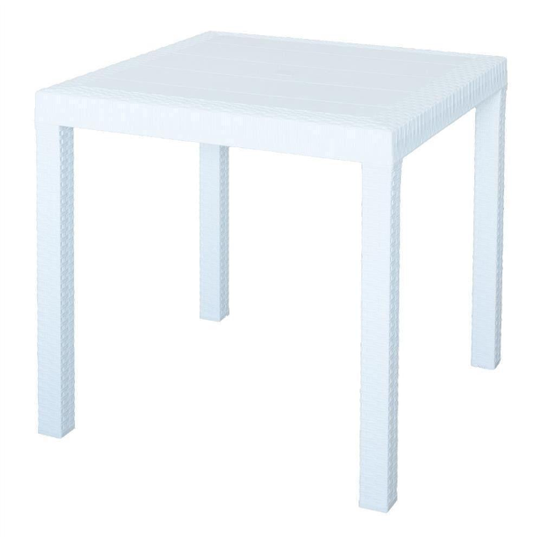 Tavolo Dallas piccolo da esterno 80x80 cm in polipropilene effetto rattan con foro ombrellone centrale
