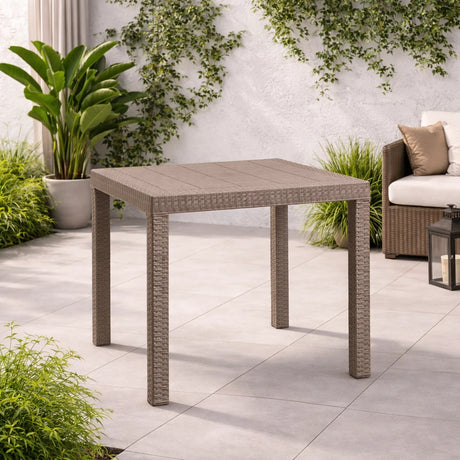 Tavolo Dallas piccolo da esterno 80x80 cm in polipropilene effetto rattan con foro ombrellone centrale