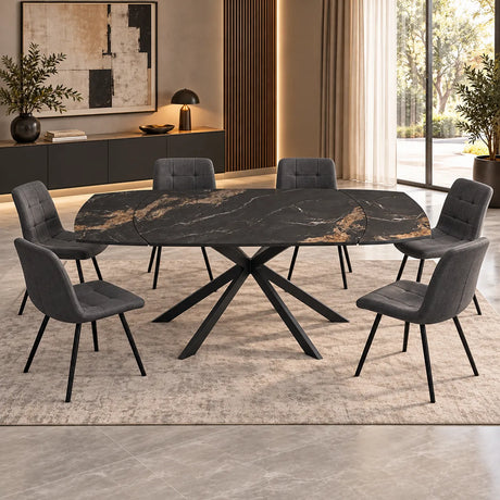 Tavolo Eclisse allungabile da 140 a 200 cm con piano in ceramica marmo Nero Oro opaco e base incrociata in metallo Nero opaco, da 6 a 8 posti.