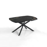 Tavolo Eclisse allungabile da 140 a 200 cm con piano in ceramica marmo Nero Oro opaco e base incrociata in metallo Nero opaco, da 6 a 8 posti.