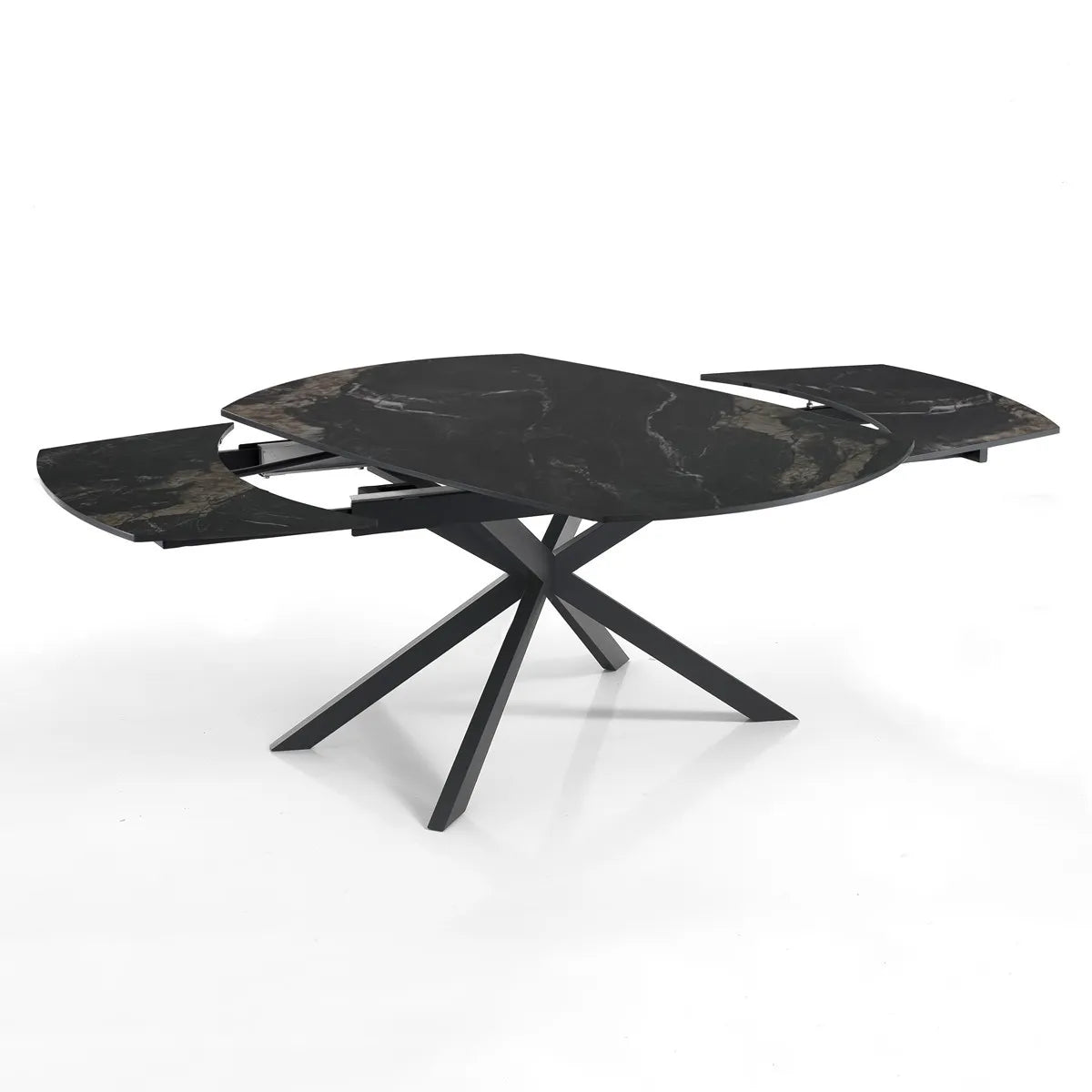 Tavolo Eclisse allungabile da 140 a 200 cm con piano in ceramica marmo Nero Oro opaco e base incrociata in metallo Nero opaco, da 6 a 8 posti.