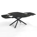 Tavolo Eclisse allungabile da 140 a 200 cm con piano in ceramica marmo Nero Oro opaco e base incrociata in metallo Nero opaco, da 6 a 8 posti.