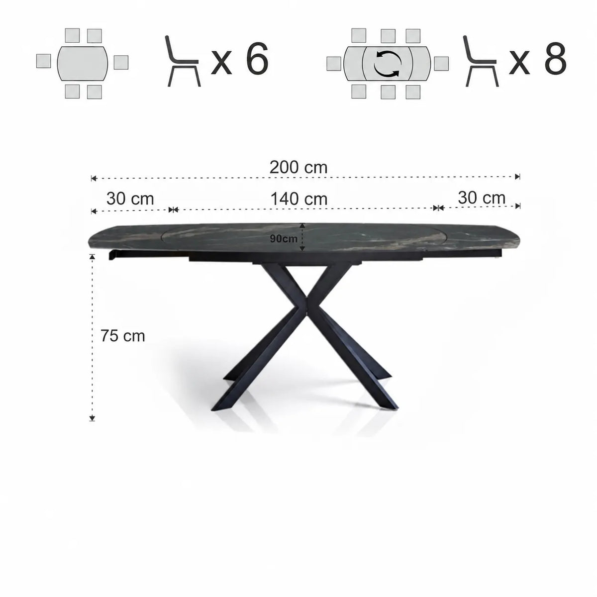 Tavolo Eclisse allungabile da 140 a 200 cm con piano in ceramica marmo Nero Oro opaco e base incrociata in metallo Nero opaco, da 6 a 8 posti.
