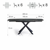 Tavolo Eclisse allungabile da 140 a 200 cm con piano in ceramica marmo Nero Oro opaco e base incrociata in metallo Nero opaco, da 6 a 8 posti.