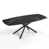 Tavolo Eclisse allungabile da 140 a 200 cm con piano in ceramica marmo Nero Oro opaco e base incrociata in metallo Nero opaco, da 6 a 8 posti.