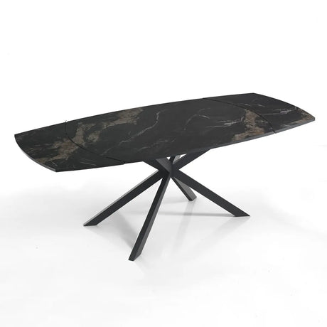 Tavolo Eclisse allungabile da 140 a 200 cm con piano in ceramica marmo Nero Oro opaco e base incrociata in metallo Nero opaco, da 6 a 8 posti.