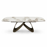 Tavolo Fly allungabile da 160 a 240 cm con piano in ceramica e base in metallo verniciato. Disponibile in due varianti di colore