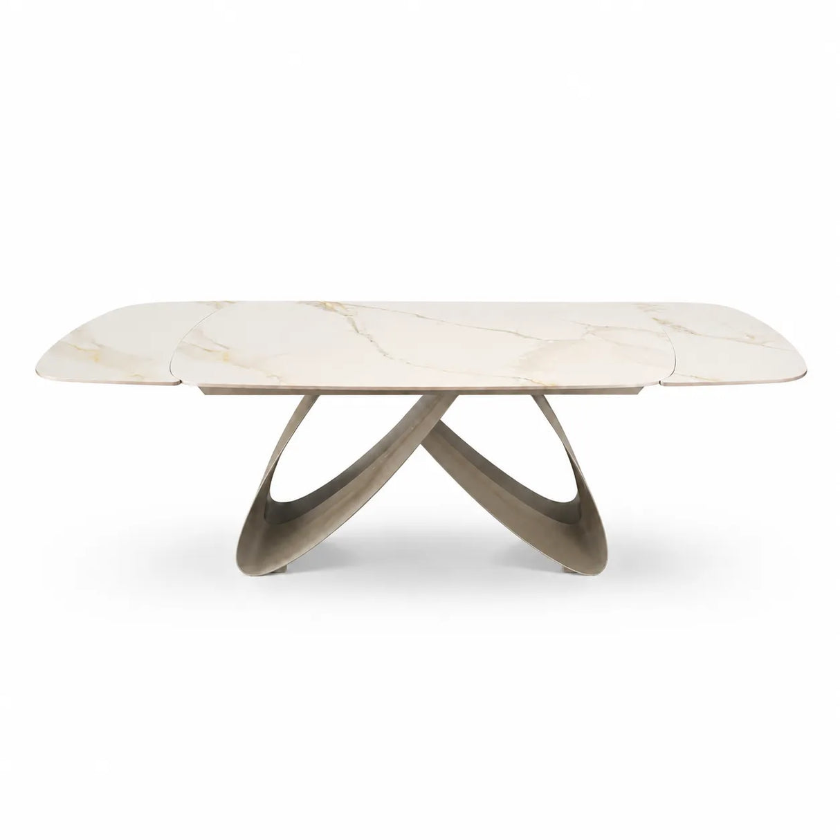 Tavolo Fly allungabile da 160 a 240 cm con piano in ceramica e base in metallo verniciato. Disponibile in due varianti di colore